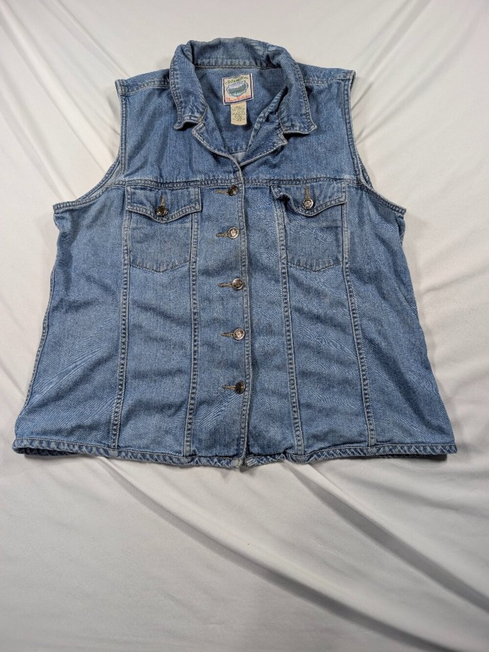 Vintage St Johns Bay Womens 16W Medium Wash Denim Vest 100 Cotton Button Up 90s